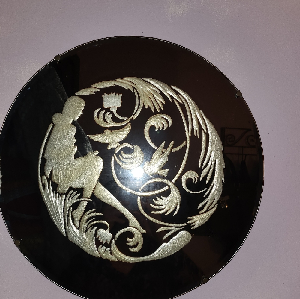 Vintage Art Deco etched mirror,  Lady and Birds